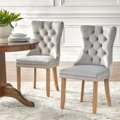 Set Of 2 Portico Tufted High Back Velvet Dining Chairs Gray - Buylateral