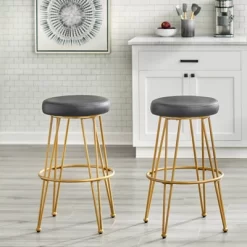 Set Of 2 24" Mazzini Faux Leather And Metal Counter Height Barstools - Buylateral
