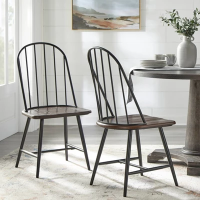Set Of 2 Milo Windsor Metal With Wood Seat Dining Chairs Black/Espresso Brown - Buylateral 3 Set Of 2 Milo Windsor Metal With Wood Seat Dining Chairs Black/Espresso Brown - Buylateral