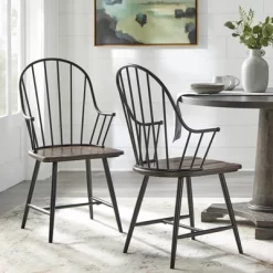 Set Of 2 Milo Windsor Metal With Wood Seat Dining Armchairs Black/Espresso Brown - Buylateral